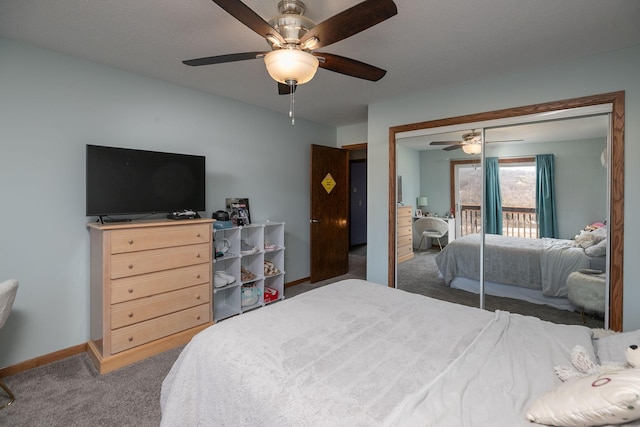 bedroom featuring a closet, baseboards, ceiling fan, and carpet flooring