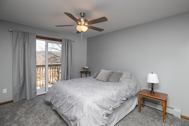 carpeted bedroom with baseboards, baseboard heating, a ceiling fan, and access to outside