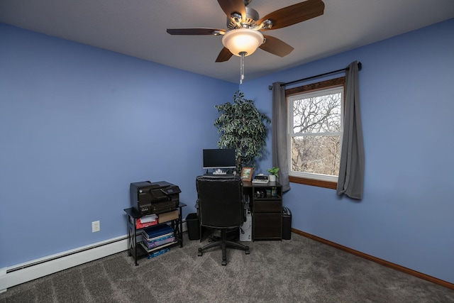 home office with a ceiling fan, carpet, baseboards, and a baseboard radiator