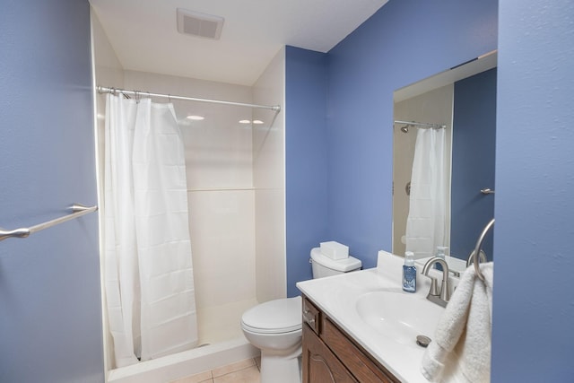 bathroom with a shower with shower curtain, tile patterned floors, toilet, and visible vents