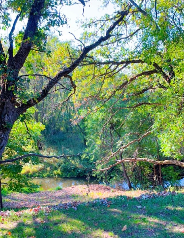 exterior space featuring a forest view