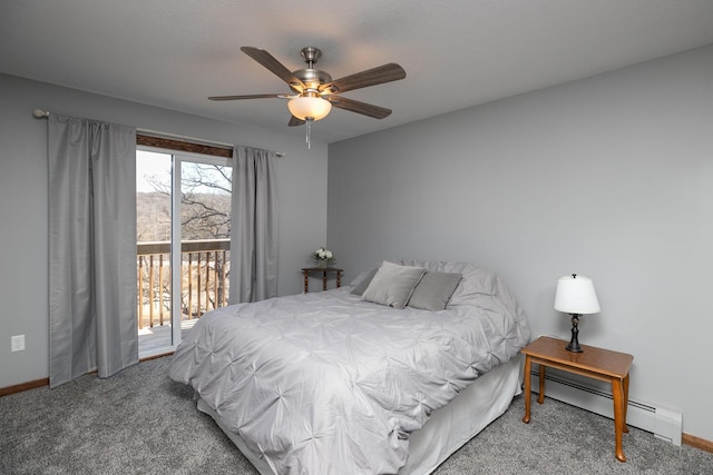 809 60th Ave SW, Rochester, MN 55902 - bedroom with a baseboard heating unit, carpet, access to exterior, ceiling fan, and baseboards