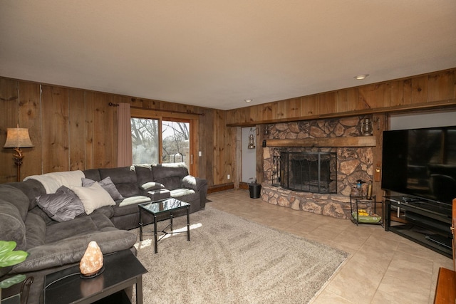 809 60th Ave SW, Rochester, MN 55902 - tiled living area with wooden walls and a stone fireplace