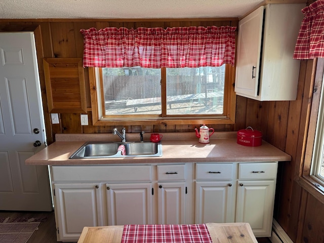 20455 326th Ave, Isle, MN 56342 - kitchen with light countertops, white cabinetry, wood walls, and a sink