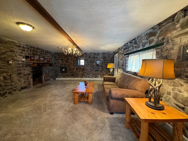 20455 326th Ave, Isle, MN 56342 - carpeted living room with a fireplace, a textured ceiling, and a notable chandelier