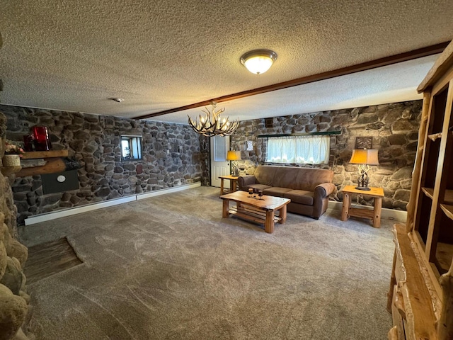 20455 326th Ave, Isle, MN 56342 - living area featuring an inviting chandelier, a textured ceiling, and carpet flooring