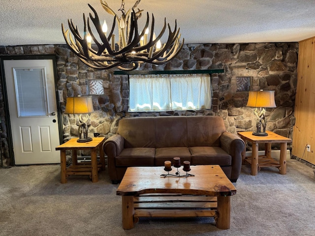 20455 326th Ave, Isle, MN 56342 - carpeted living room with a chandelier and a textured ceiling