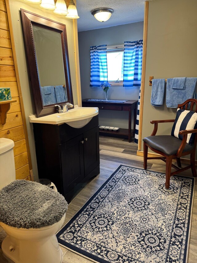 20455 326th Ave, Isle, MN 56342 - bathroom featuring vanity, toilet, a textured ceiling, and wood finished floors