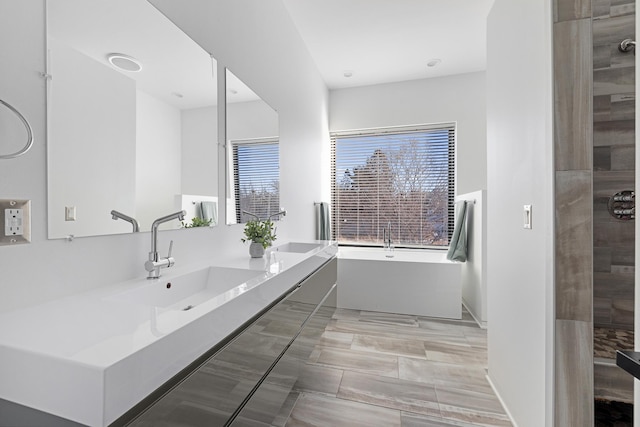 bathroom with a sink, a freestanding tub, and double vanity