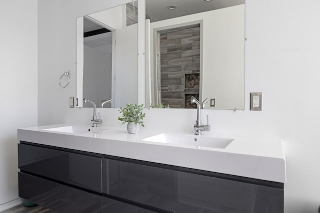 full bathroom featuring double vanity, a large fireplace, and a sink