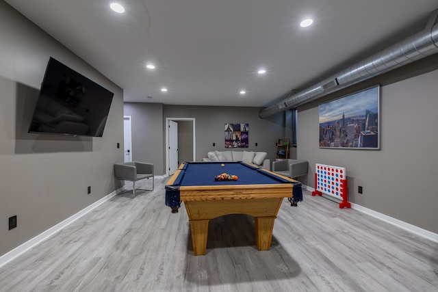 recreation room featuring recessed lighting, billiards, baseboards, and wood finished floors