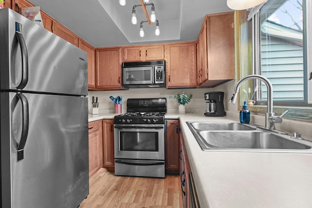 kitchen featuring a sink, a tray ceiling, plenty of natural light, and appliances with stainless steel finishes