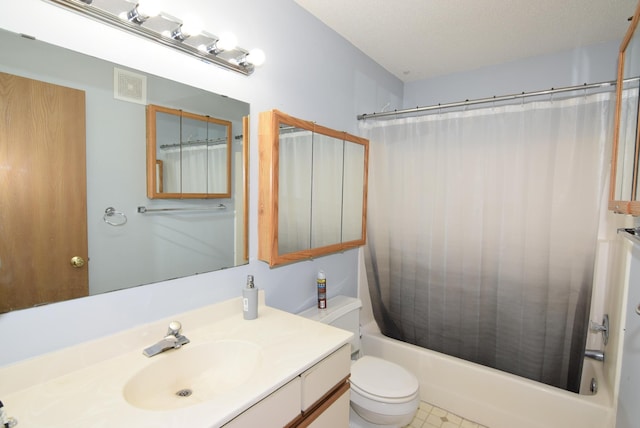 bathroom featuring vanity, shower / bath combination with curtain, toilet, and visible vents