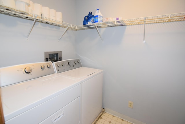 laundry area with laundry area, light floors, baseboards, and washer and clothes dryer