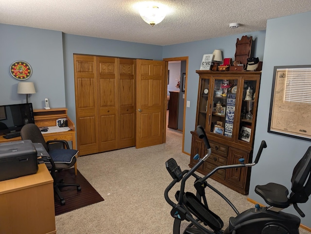 office with a textured ceiling and light carpet