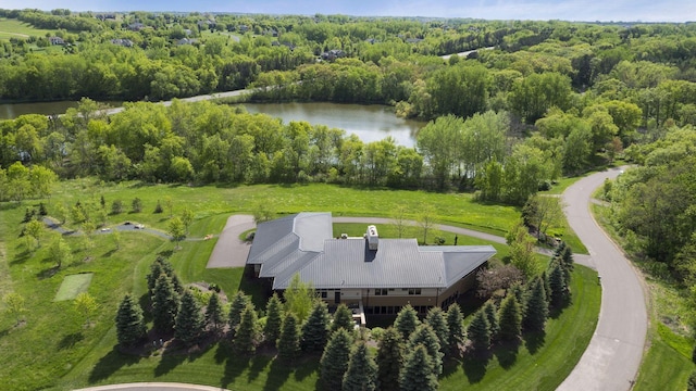 drone / aerial view featuring a view of trees and a water view