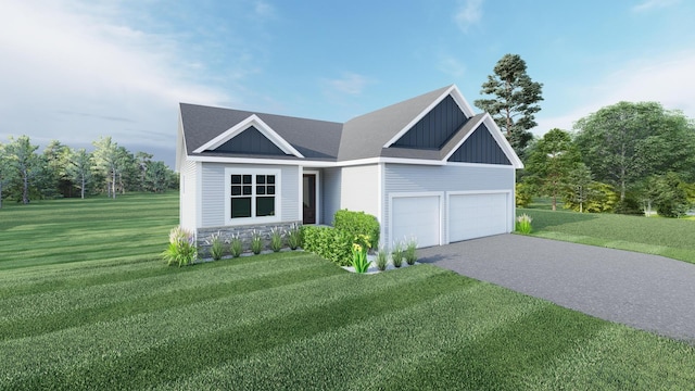 view of front of house featuring board and batten siding, an attached garage, driveway, and a front yard