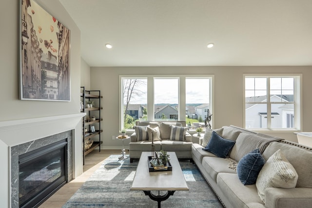 9176 62nd St S, Cottage Grove, MN 55016 - living room with light wood-style floors, healthy amount of natural light, a fireplace, and recessed lighting