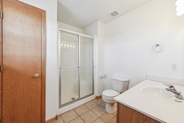 bathroom with tile patterned flooring, visible vents, a shower stall, toilet, and vanity