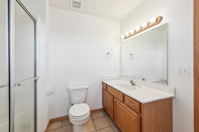 bathroom featuring vanity, visible vents, tile patterned flooring, a shower stall, and toilet