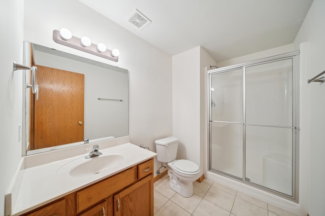 full bath with visible vents, toilet, a stall shower, tile patterned floors, and vanity