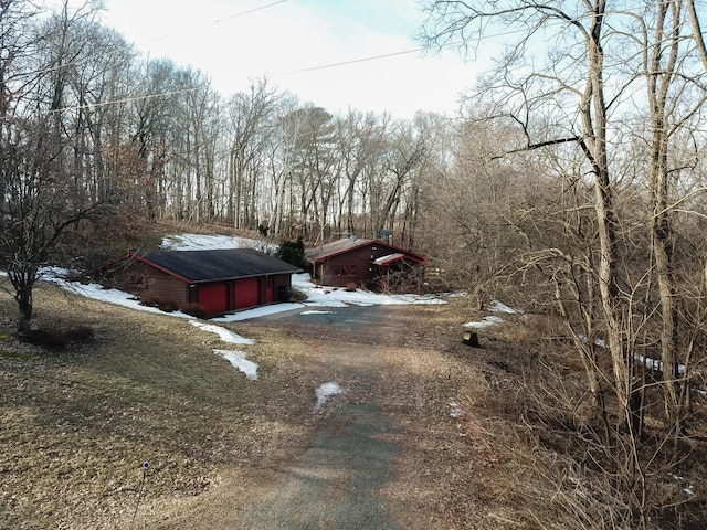 yard layered in snow with an outbuilding and dirt driveway