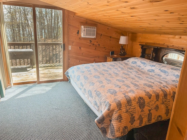 carpeted bedroom featuring access to outside, multiple windows, wood ceiling, and wood walls