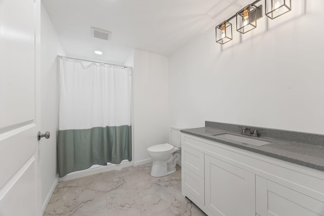 full bath with visible vents, curtained shower, toilet, and marble finish floor