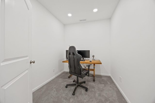 home office with recessed lighting, carpet, visible vents, and baseboards