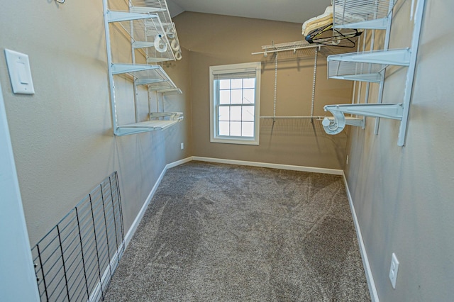 spacious closet with vaulted ceiling and carpet