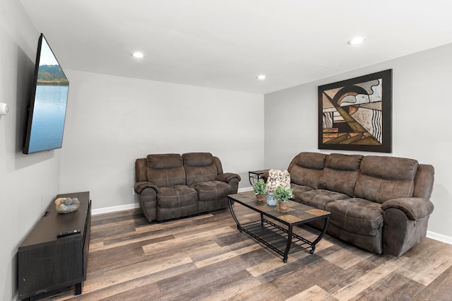 living area featuring recessed lighting, wood finished floors, and baseboards