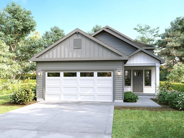 modern farmhouse featuring a garage, board and batten siding, and driveway