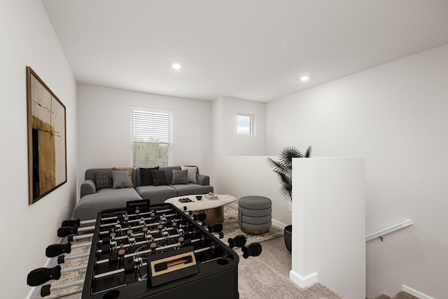 rec room with recessed lighting, baseboards, and carpet floors