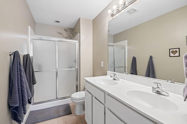 full bathroom featuring tile patterned flooring, visible vents, a shower stall, and a sink