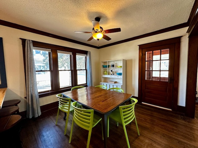 dining area with a textured ceiling, dark wood-style floors, and ornamental molding