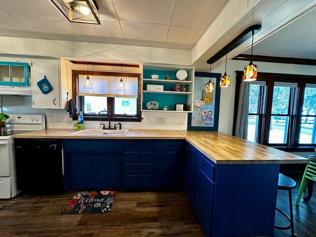 kitchen with white electric range oven, blue cabinetry, butcher block countertops, a sink, and dishwasher