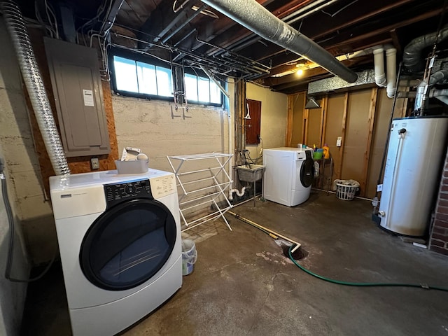 laundry room with electric panel, laundry area, gas water heater, and washing machine and dryer