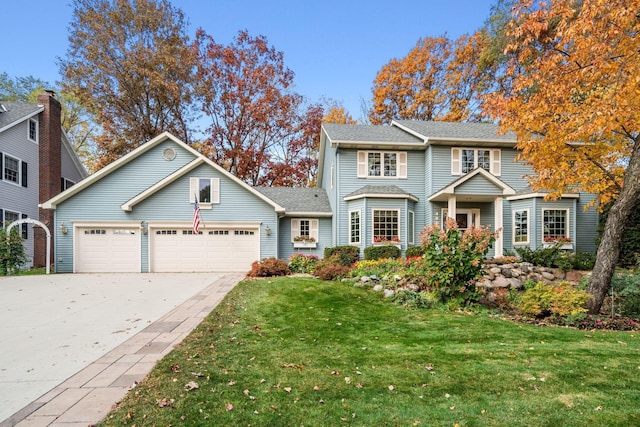 view of front of property featuring a front lawn, an attached garage, and driveway