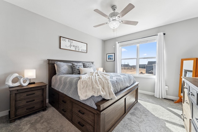 carpeted bedroom with a ceiling fan and baseboards