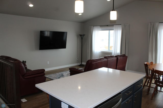 kitchen featuring dark wood finished floors, open floor plan, and light countertops