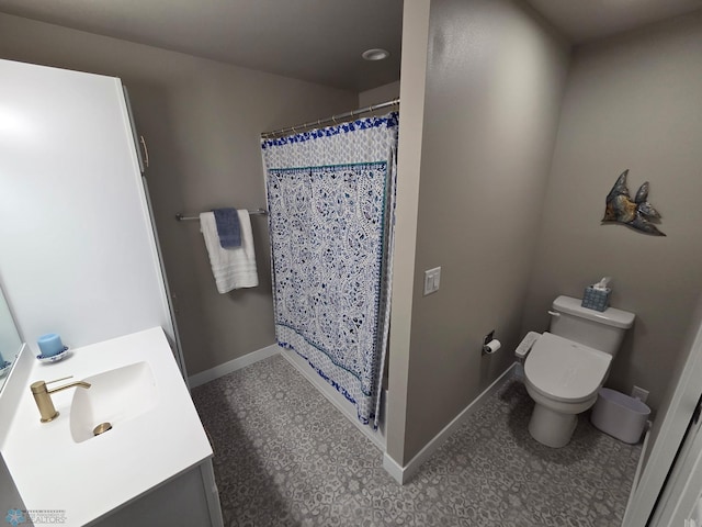 6746 Joseph St, Horace, ND 58047 - bathroom featuring vanity, toilet, baseboards, and a shower with curtain