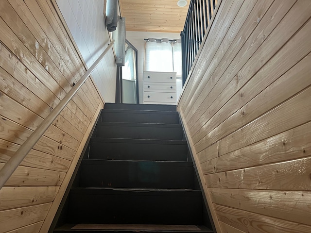 stairway with wood ceiling and wood walls