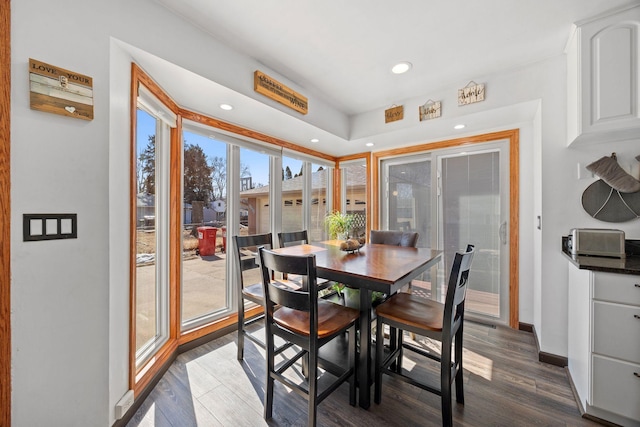 dining room featuring recessed lighting, baseboards, and dark wood-type flooring