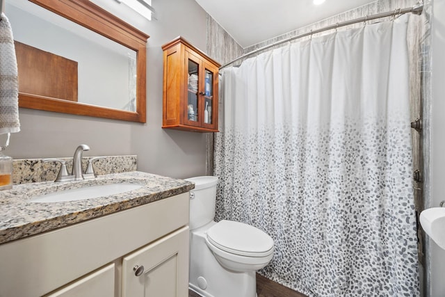 full bath featuring toilet, vanity, and a shower with curtain