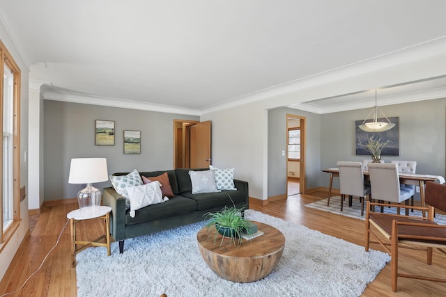 living area featuring light wood-style flooring, baseboards, and ornamental molding