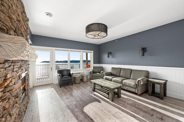 living room featuring a wainscoted wall, wood finished floors, and a fireplace