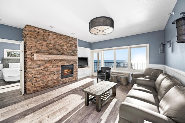 living area featuring a stone fireplace, wood finished floors, and wainscoting