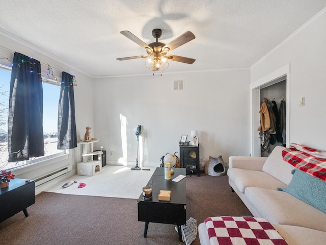 living area featuring visible vents, carpet floors, and a textured ceiling