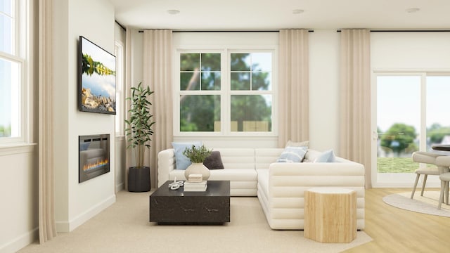 living area featuring baseboards, wood finished floors, and a glass covered fireplace