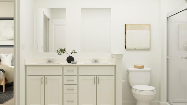 ensuite bathroom featuring toilet, double vanity, a stall shower, ensuite bath, and a sink